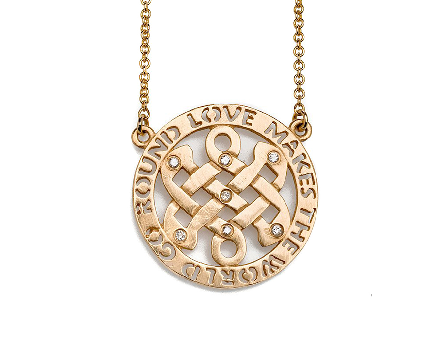 Gold Celtic Love Knot Necklace with Love Makes The World Go Round Cut out Border