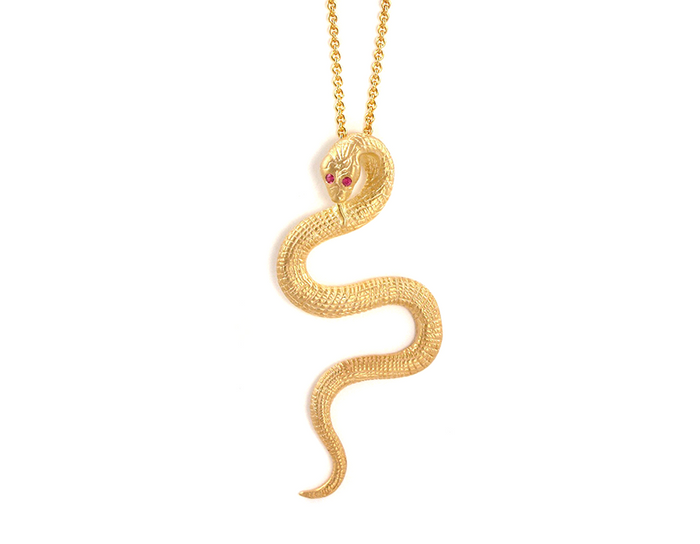 Gold Plated Snake Necklace with Ruby Gem Eyes